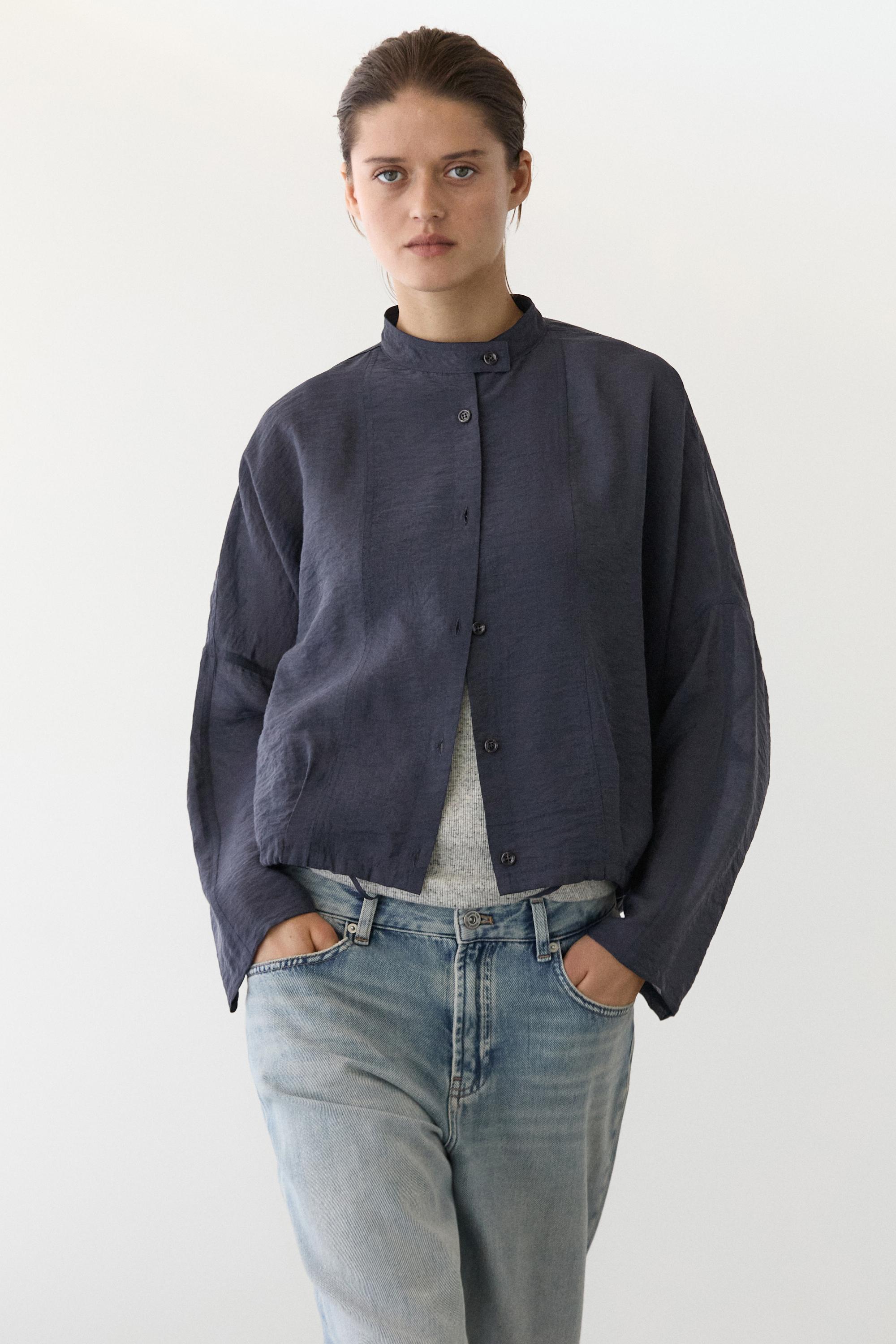 Stand collar bomber jacket with button details